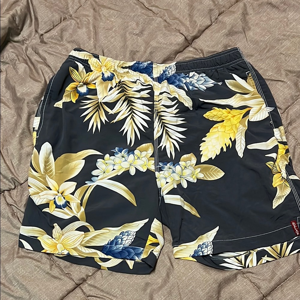 EUC Grey & Yellow Board Shorts Swim Trunks Hawaiian Tropical Floral Print Medium